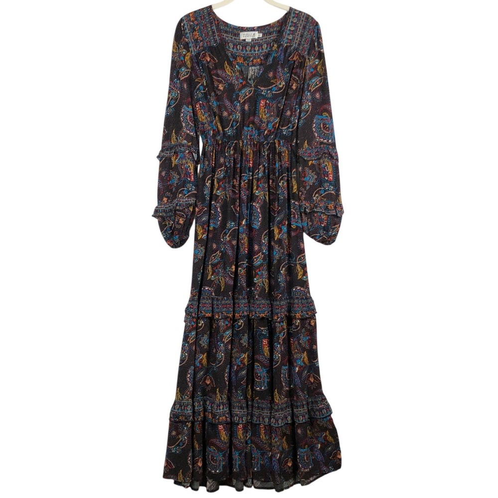 MOLLY BRACKEN Paisley Floral Tiered Maxi Dress Sz XS Navy L/S Boho Peasant
